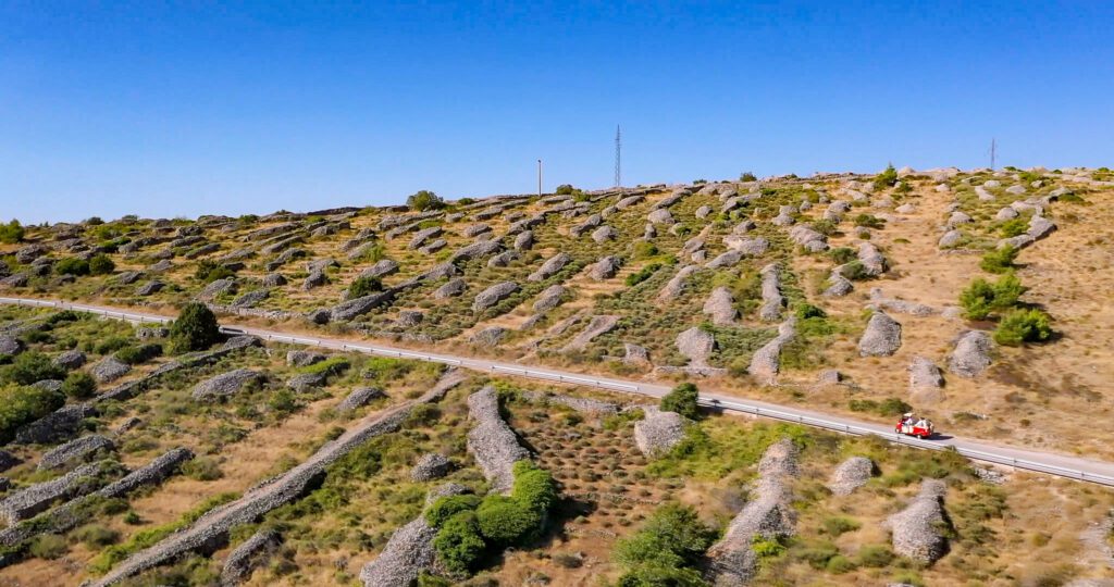 Panoramic old road of Hvar island with a TukTuk on the road and stone walls in the fields around - the begininng of Hvar Wine Tasting